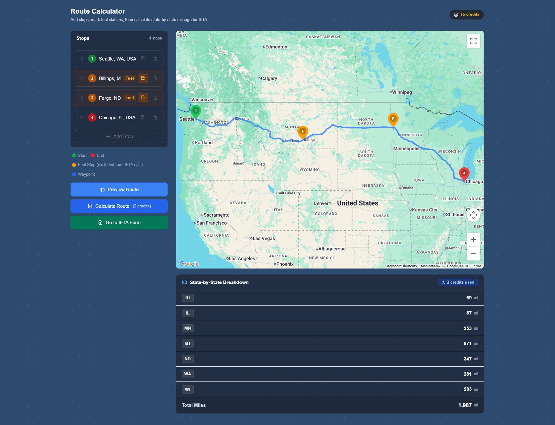MilesOn Route Calculator showing state-by-state IFTA mileage breakdown